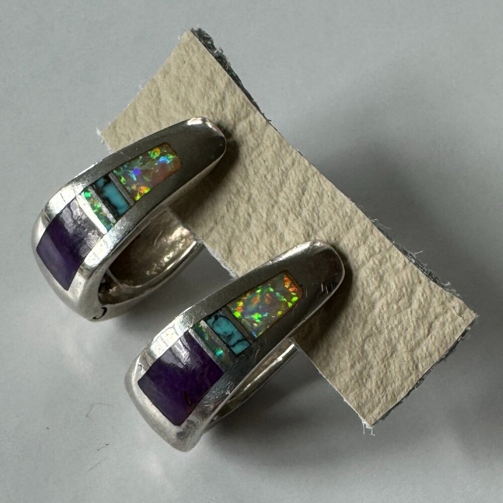 Opal, turquoise, and purple stone sterling silver hoop earrings